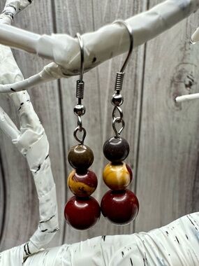Handmade Mookaite Bead Drop Earrings - Neutral Red, Yellow & Brown